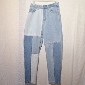 SHEIN Three-Tone Patchwork Light,  Medium, Dark Blue Jeans, High Rise, Wide Leg,